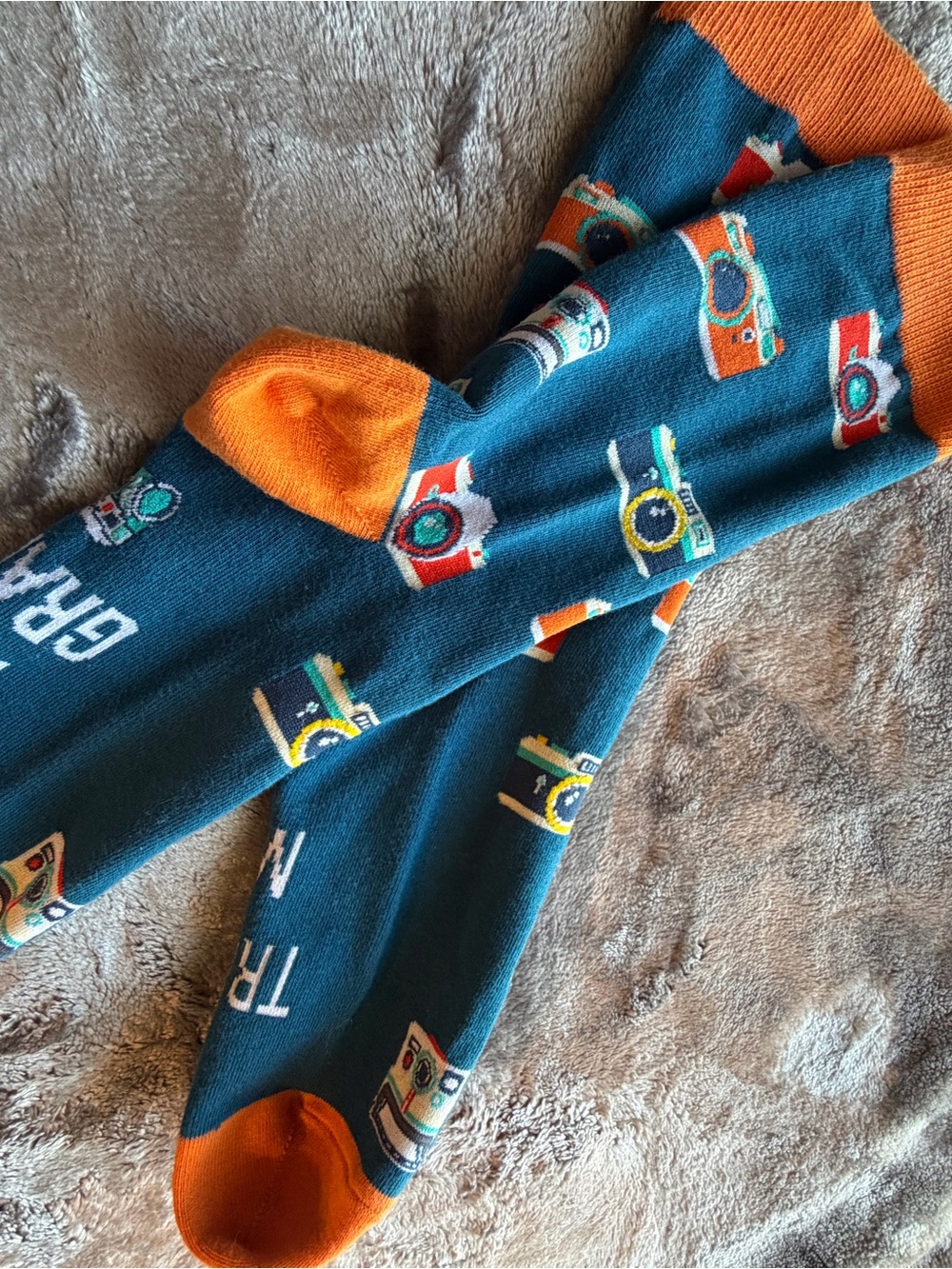 Kids Teal Camera Print Crew Socks with Orange Accents